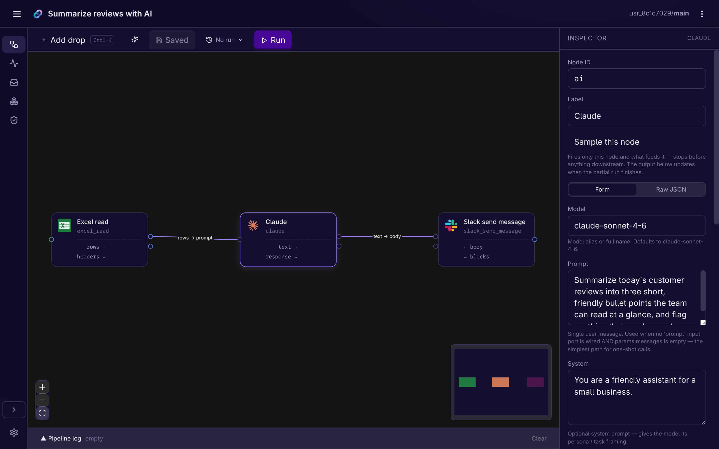 A Hazy Flow workflow with three steps: read new reviews, summarize them with AI, and post to the team. The settings panel shows the plain-English instruction given to the AI.