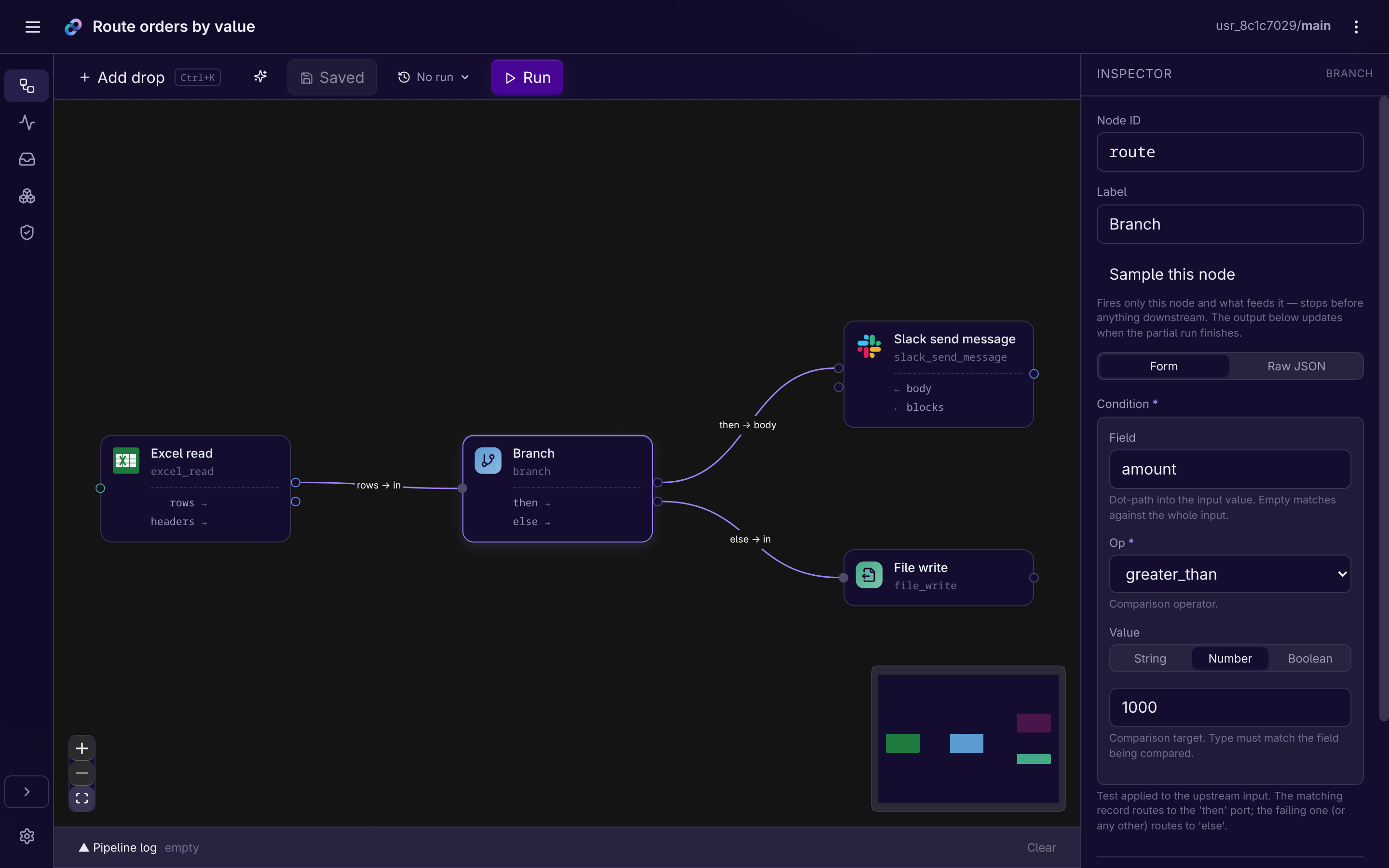 The Hazy Flow builder: incoming orders go into a box that checks the amount, then big ones go one way to a team alert and the rest go another way to a saved file. The settings panel on the right shows the simple rule in plain language.