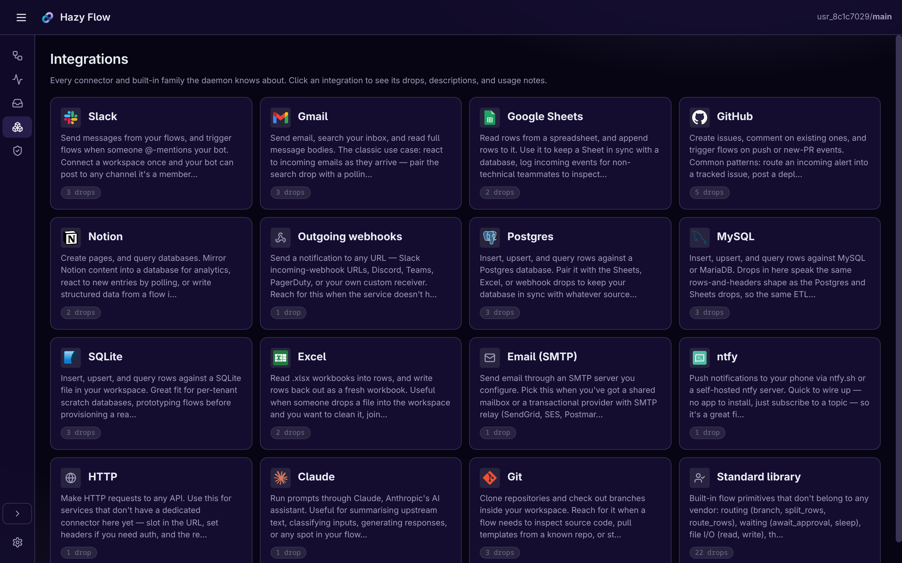 The apps and AI that Hazy Flow connects to, shown as a grid of familiar logos including your inbox, spreadsheets, chat and Claude AI.