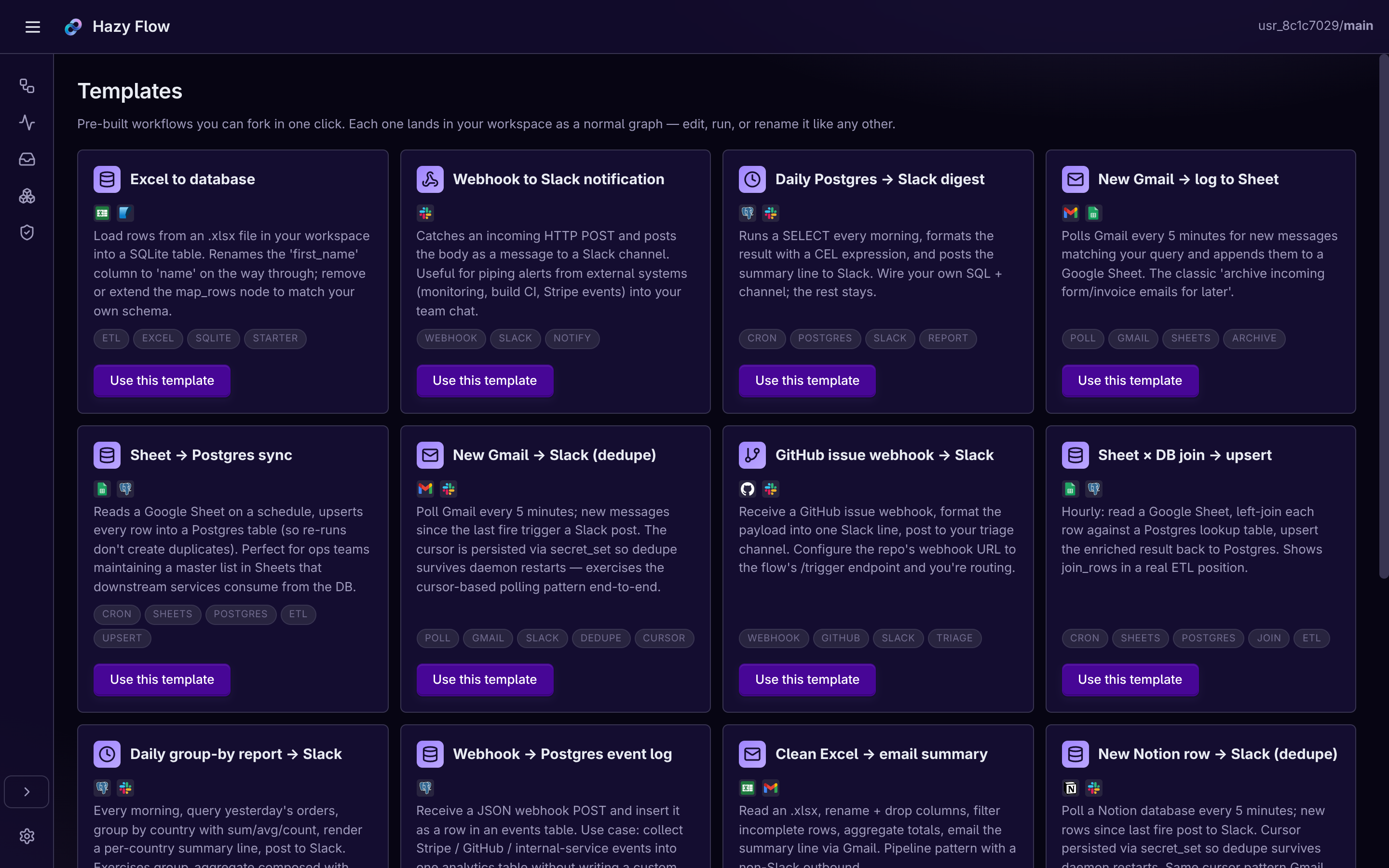 Hazy Flow's ready made examples: a grid of starter workflows you can use in one click, each with a short description of what it does.